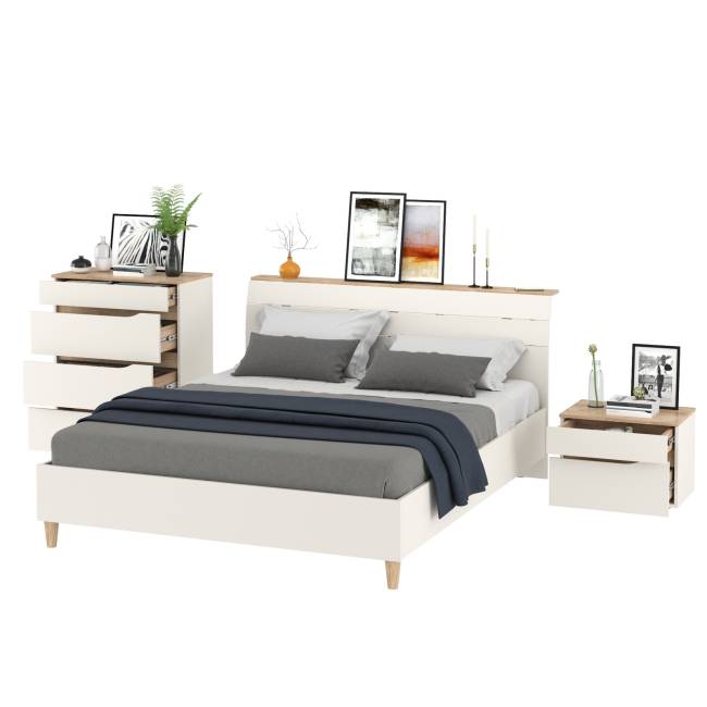 Муссон мебель для спальни: кровать 1600, основание, тумбочка и комод 4-ре ящика цвет белый/дуб эндгрейн элегантный
