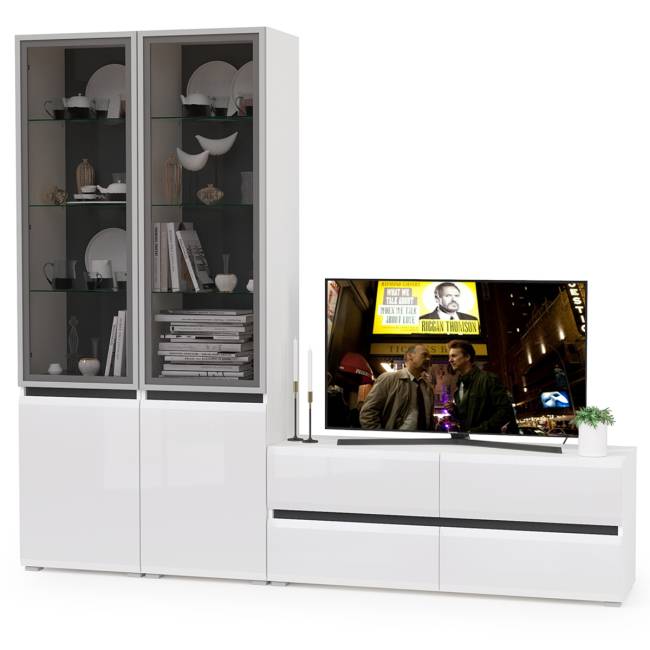 Стенка для гостиной со стеклянными фасадами Сидней № 11 цвет белый/чёрный/фасады МДФ белый глянец