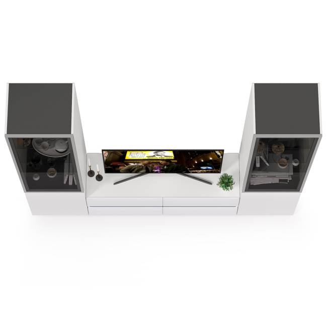 Стенка для гостиной со стеклянными фасадами Сидней № 11 цвет белый/чёрный/фасады МДФ белый глянец