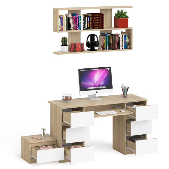 Двухтумбовый стол компьютерный Мори МС-2 с тумбочкой с ящиком и полкой на 1200 цвет дуб сонома/белый