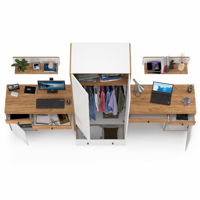 Два стола для учёбы, шкаф и две открытых полки Вуди цвет белый премиум/дуб крафт золотой