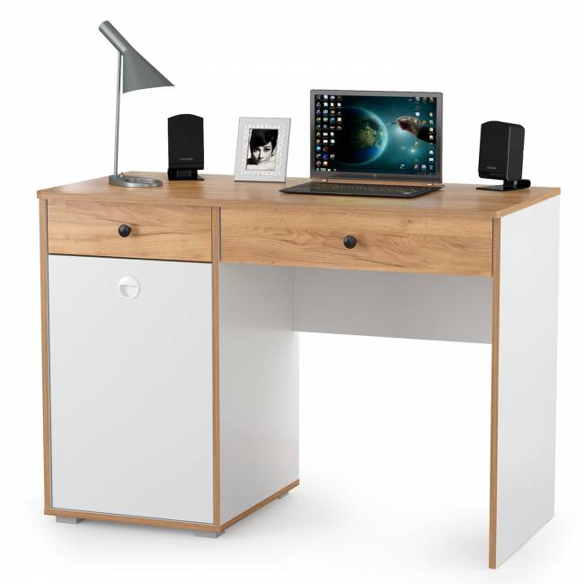 Два стола для учёбы, шкаф и две открытых полки Вуди цвет белый премиум/дуб крафт золотой