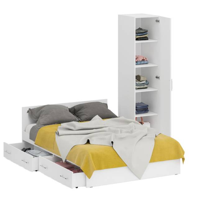 Двуспальная Кровать белая с ящиками 1400 с пеналом Стандарт цвет белый Двуспальная Кровать белая с ящиками 1400 с пеналом Стандарт цвет белый