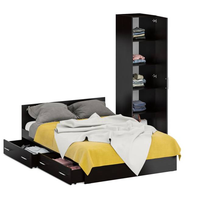 Двуспальная кровать с ящиками 1400 с пеналом Стандарт цвет венге Двуспальная кровать с ящиками 1400 с пеналом Стандарт цвет венге