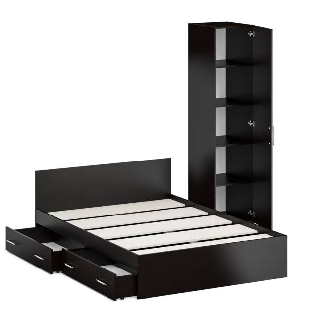 Двуспальная кровать с ящиками 1400 с пеналом Стандарт цвет венге Двуспальная кровать с ящиками 1400 с пеналом Стандарт цвет венге