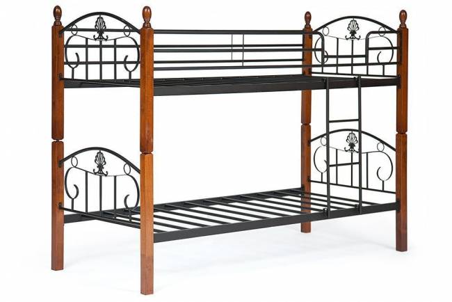Кровать BOLERO двухярусная дерево гевея/металл, 90*200 см (bunk bed), красный дуб/черный дуб темный дерево гевея/металл