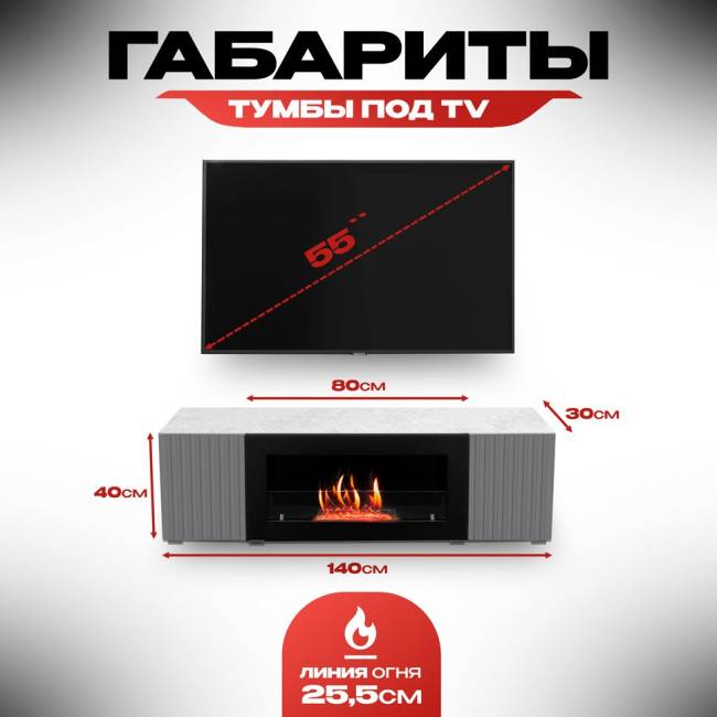 Тумба под ТВ с биокамином SteelHeat LIVORNO IMPULSE 140 см (корпус серый бетон / фасады гротто грани