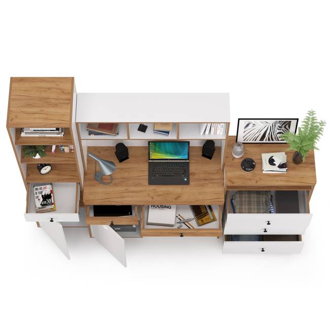 Компьютерный стол, стеллаж и комод с нишей Вуди № 50 цвет белый премиум/дуб крафт золотой