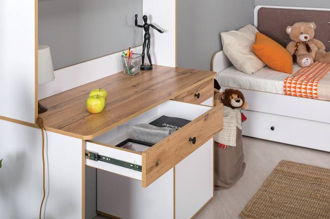 Компьютерный стол, стеллаж и комод с нишей Вуди № 50 цвет белый премиум/дуб крафт золотой