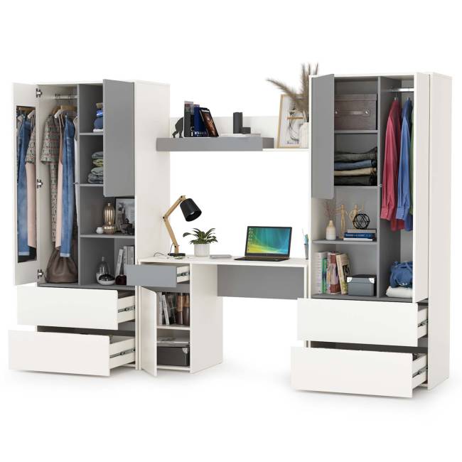 Стол компьютерный с двумя шкафами и навесной полкой Торонто цвет белый шагрень/стальной серый