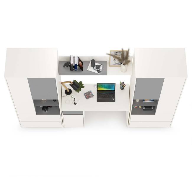 Стол компьютерный с двумя шкафами и навесной полкой Торонто цвет белый шагрень/стальной серый