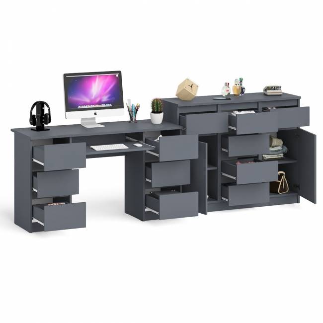 Двухтумбовый стол компьютерный МС-2 с ящиками и тумба-комод МК1200.4 Мори цвет графит Двухтумбовый стол компьютерный МС-2 с ящиками и тумба-комод МК1200.4 Мори цвет графит