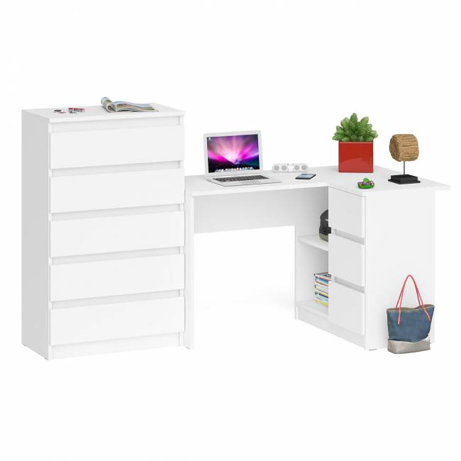 Высокий комод 700 пять ящиков и угловой компьютерный стол МС-16 правый серии Мори цвет белый Высокий комод 700 пять ящиков и угловой компьютерный стол МС-16 правый серии Мори цвет белый