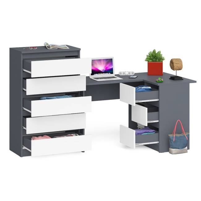 Высокий комод 700 пять ящиков и угловой компьютерный стол МС-16 правый серии Мори цвет графит/белый Высокий комод 700 пять ящиков и угловой компьютерный стол МС-16 правый серии Мори цвет графит/белый