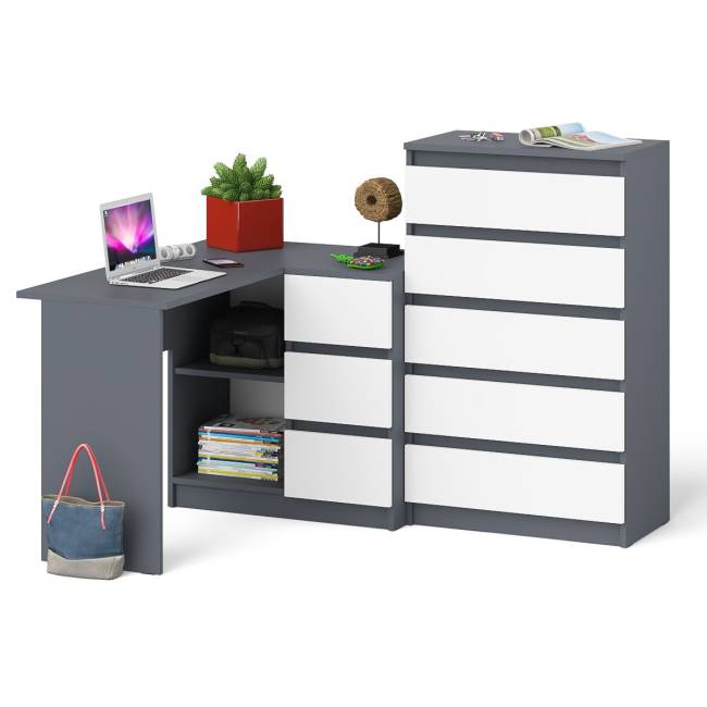 Высокий комод 700 пять ящиков и угловой компьютерный стол МС-16 правый серии Мори цвет графит/белый Высокий комод 700 пять ящиков и угловой компьютерный стол МС-16 правый серии Мори цвет графит/белый