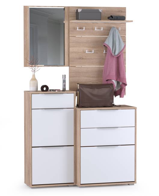 Обувница 13.113 + Вешалка 10.122 + обувница 13.114 + Зеркало Куба цвет дуб сонома/белый премиум