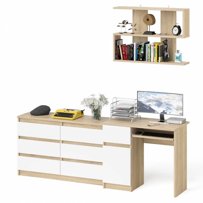 Большой комод на 6-ть ящиков Мори с компьютерным столом МС-1 левый и полка открытая на 900 цвет дуб сонома/белый Большой комод на 6-ть ящиков Мори с компьютерным столом МС-1 левый и полка открытая на 900 цвет дуб сонома/белый