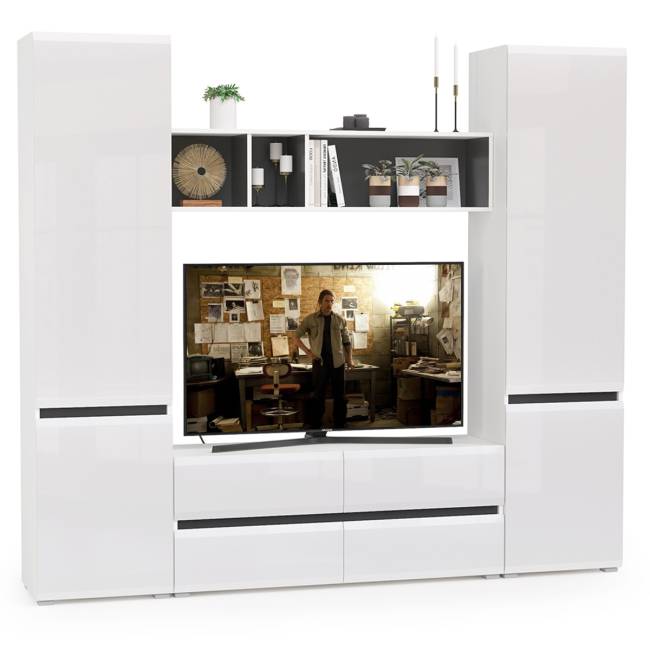 Стенка для гостиной Сидней № 6 цвет белый/чёрный/фасады МДФ белый глянец Стенка для гостиной Сидней № 6 цвет белый/чёрный/фасады МДФ белый глянец